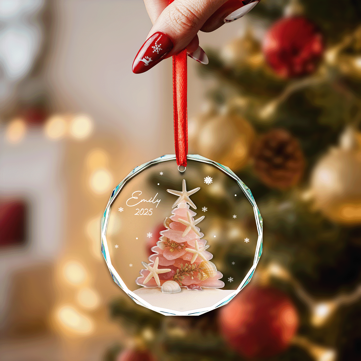 Personalized Christmas Tree Ocean Themed Glass and Acrylic Ornament