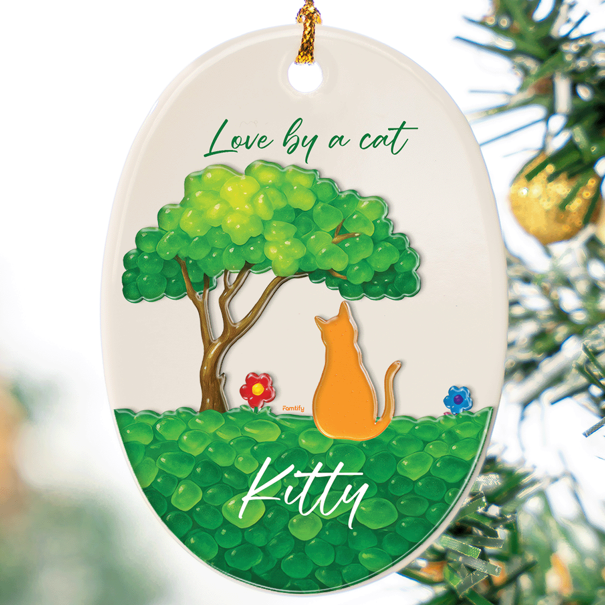 Love By A Cat - Personalized Cat Lover Ceramic and Acrylic Ornament