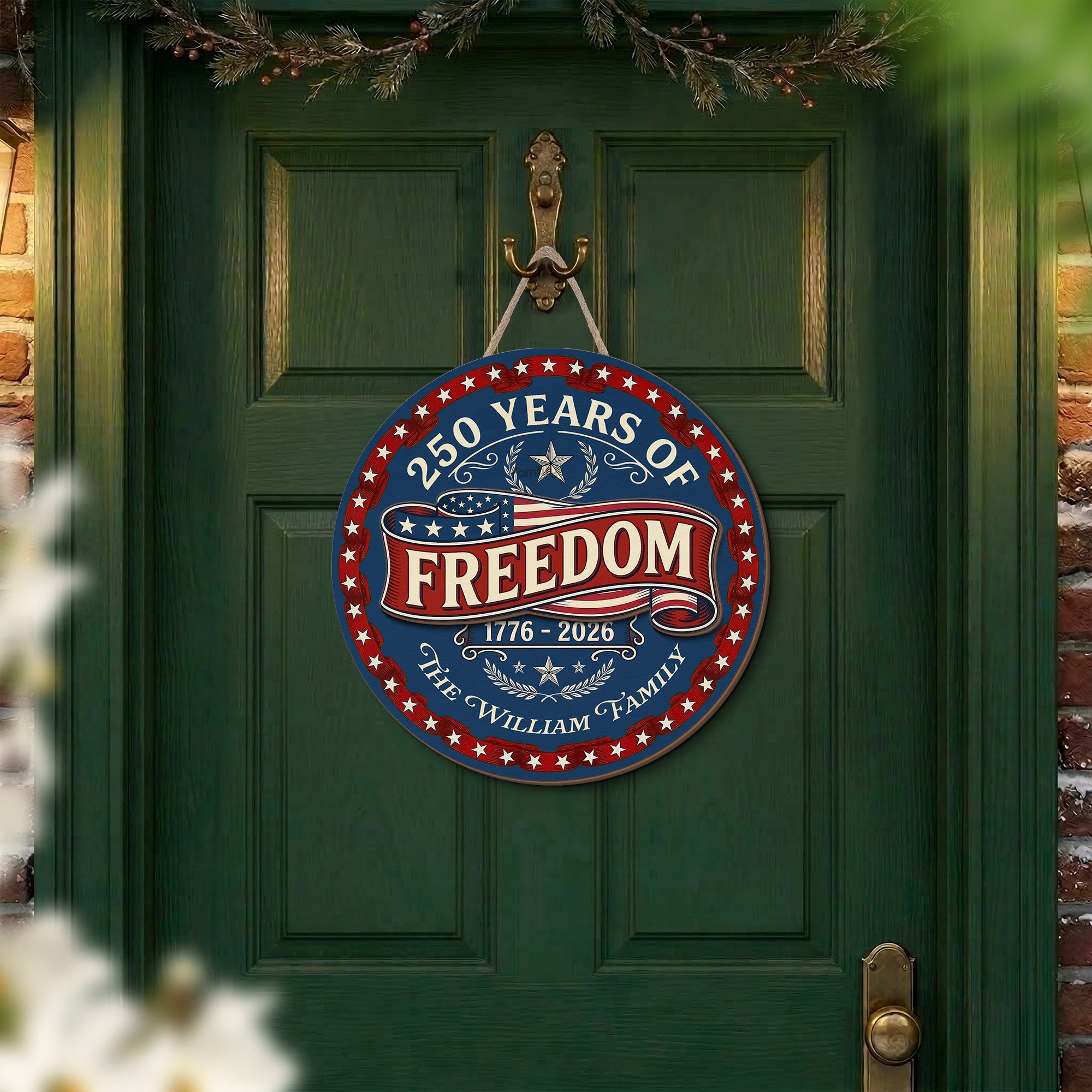 250 Years of Freedom Personalized 2-Layer Wood Sign – Custom Family Name Patriotic Door Sign