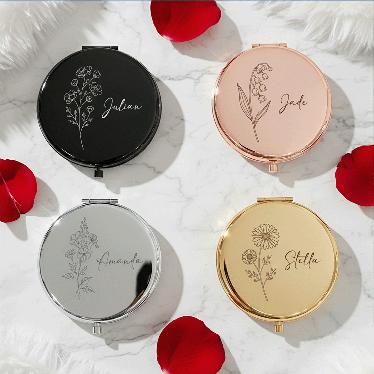 Personalized Birth Flower Engraved Compact Mirror – Meaningful Gift for Her | Valentine’s Day, Mother’s Day, Birthday Keepsake