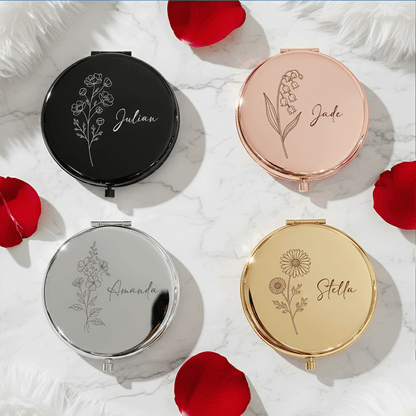 Personalized Birth Flower Engraved Compact Mirror – Meaningful Gift for Her | Valentine’s Day, Mother’s Day, Birthday Keepsake