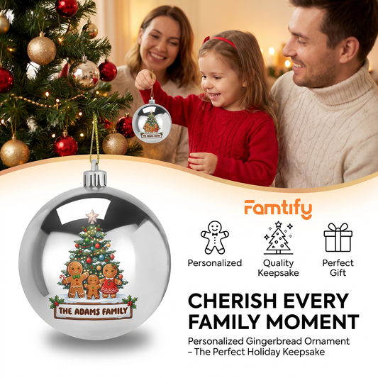 Cherish Every Family Moment banner with a family and a silver gingerbread family name ornament