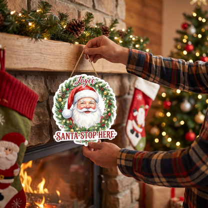 Personalized Santa Claus Wreath Custom Shape Wood Sign, Custom Family Name Santa Stop Here Pine Wreath Wooden Hanging Plaque, Festive Christmas Door & Wall Decor Family Gift