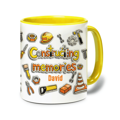 Personalized Dad Construction Mug – “Constructing Memories” Custom Name Coffee Mug