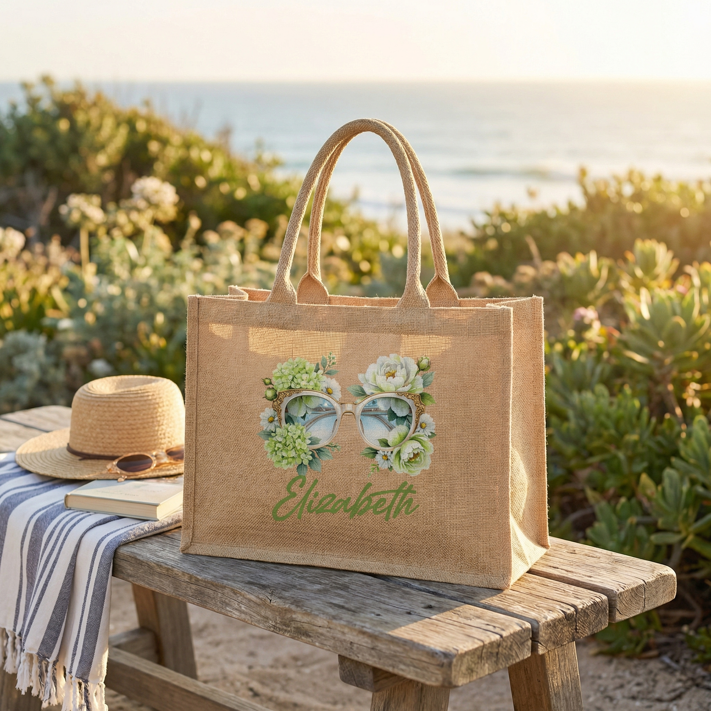Personalized Sunglass Floral Linen Tote – Custom Name Bag