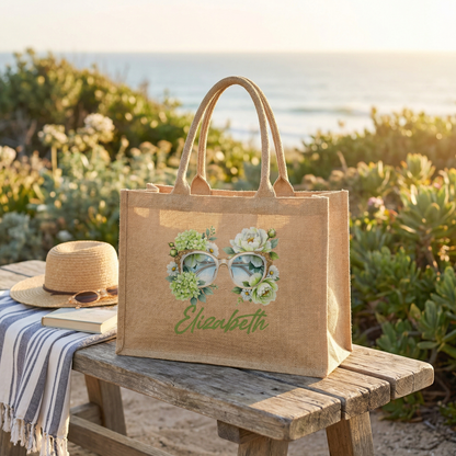 Personalized Sunglass Floral Linen Tote – Custom Name Bag