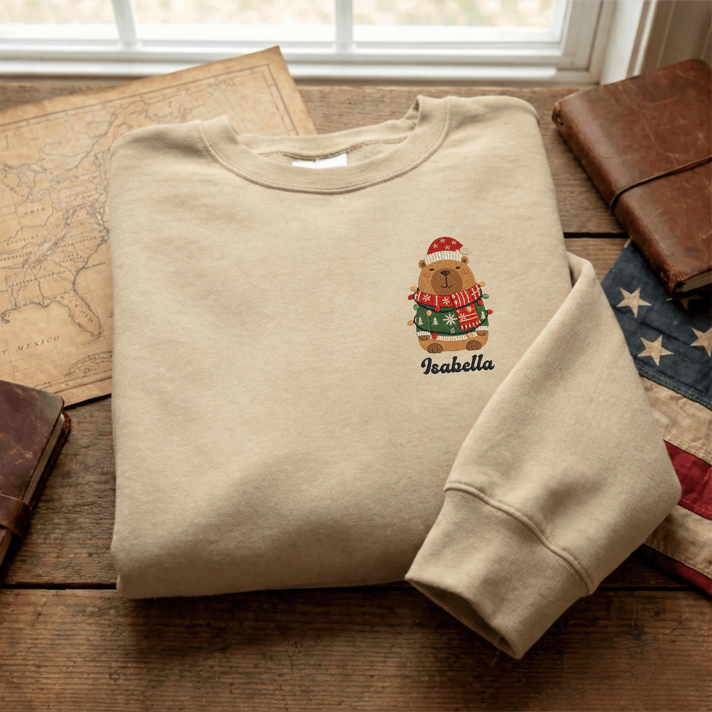Personalized Embroidered Christmas Capybara Sweatshirt with Custom Name
