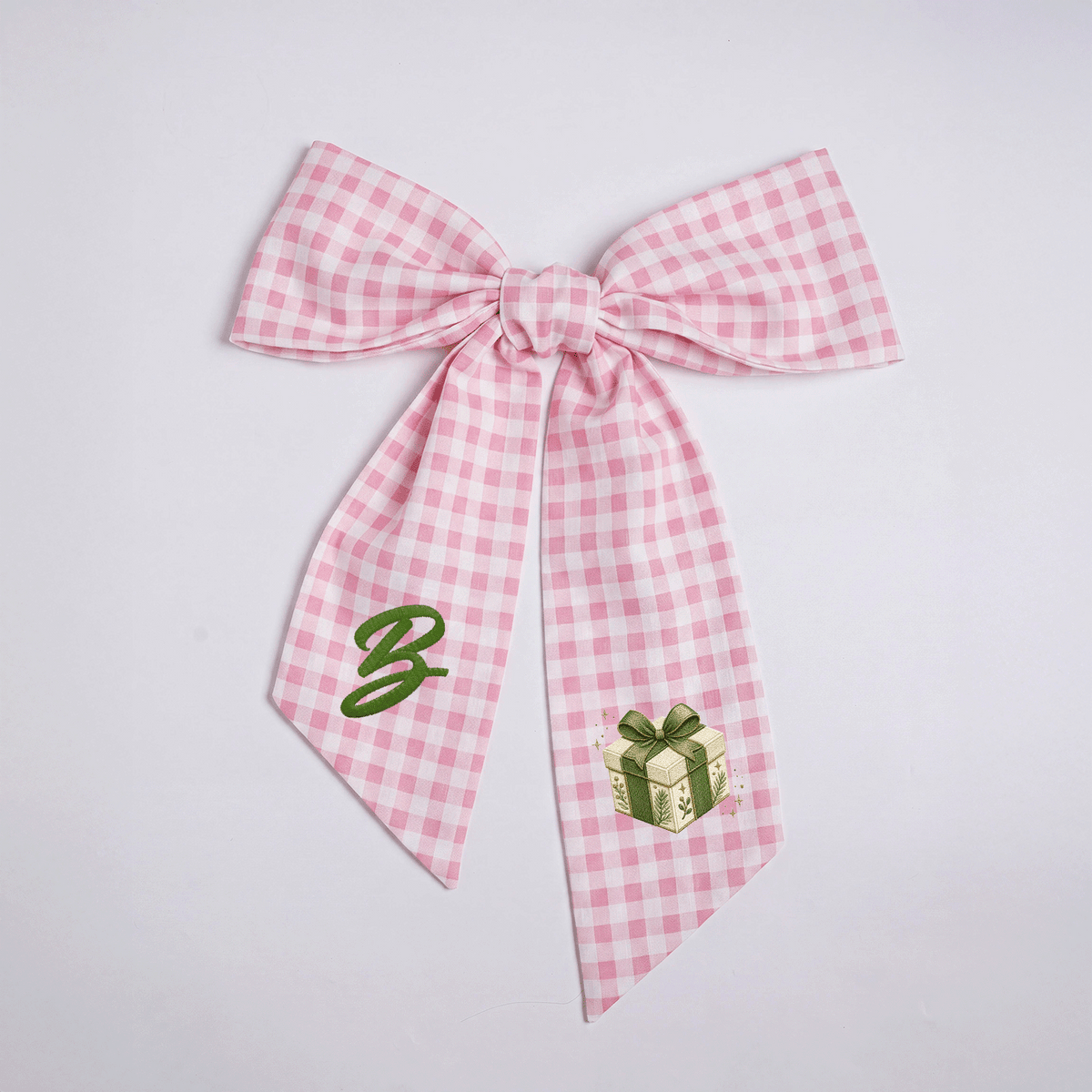 Custom Letter Green Bow Christmas Gift Box Embroidered Linen Wreath Sash, Personalized Monogram Holiday Bow Sash for Door Decor