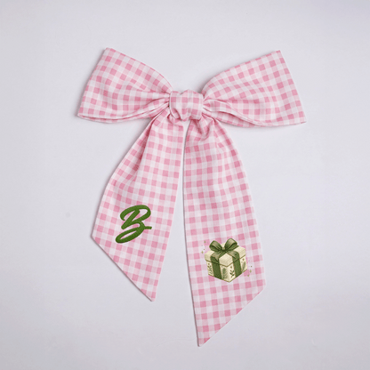 Custom Letter Green Bow Christmas Gift Box Embroidered Linen Wreath Sash, Personalized Monogram Holiday Bow Sash for Door Decor