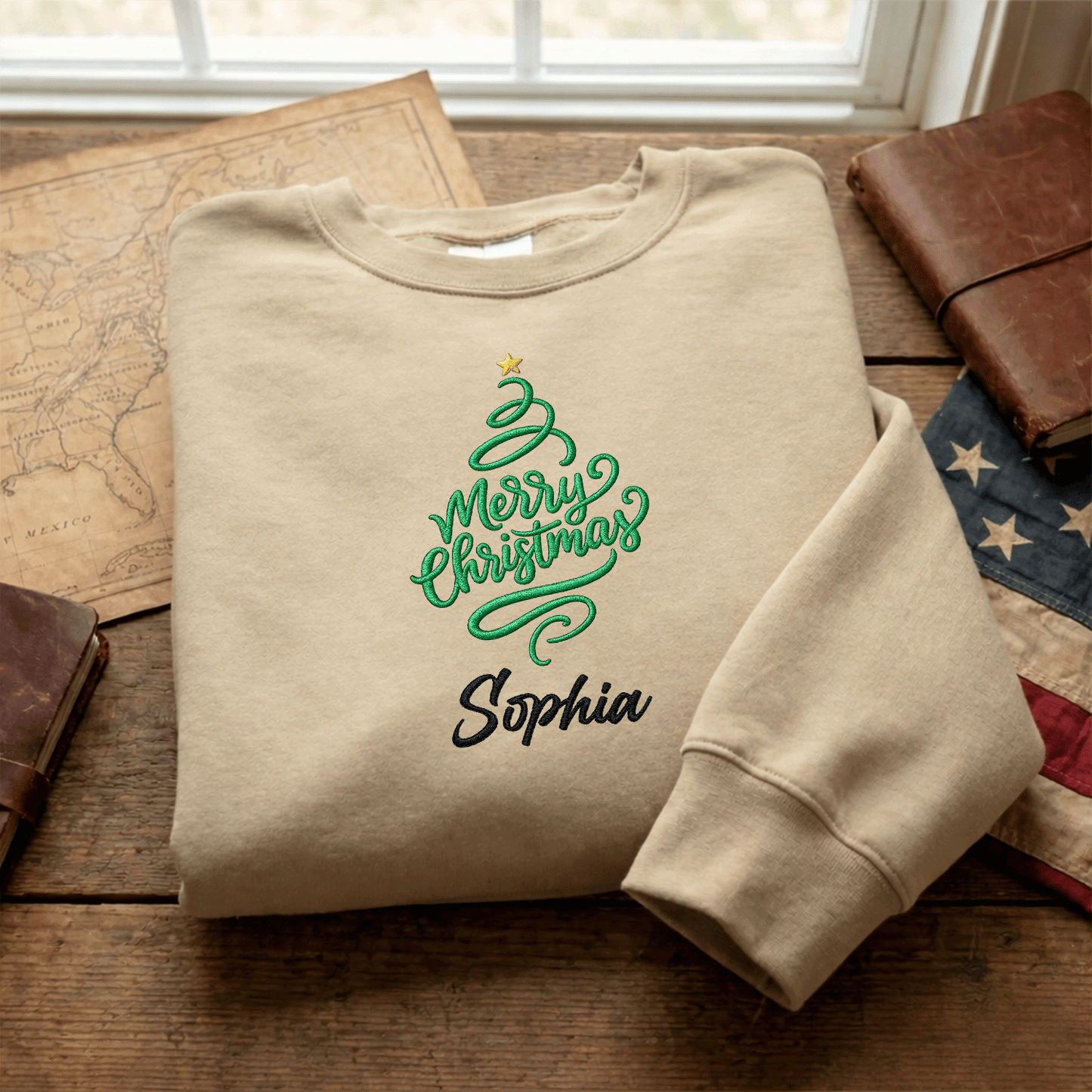 Personalized Embroidered Merry Christmas Tree Sweatshirt with Custom Name