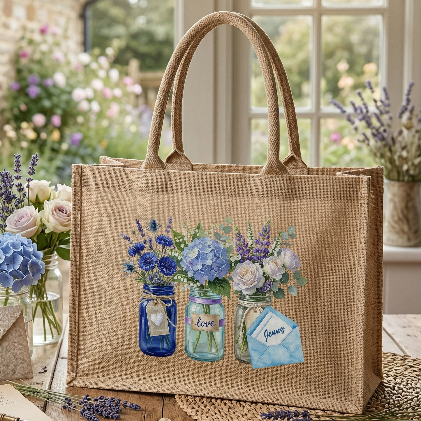 Personalized Blue Blossom Linen Handbag – Family Love Gift