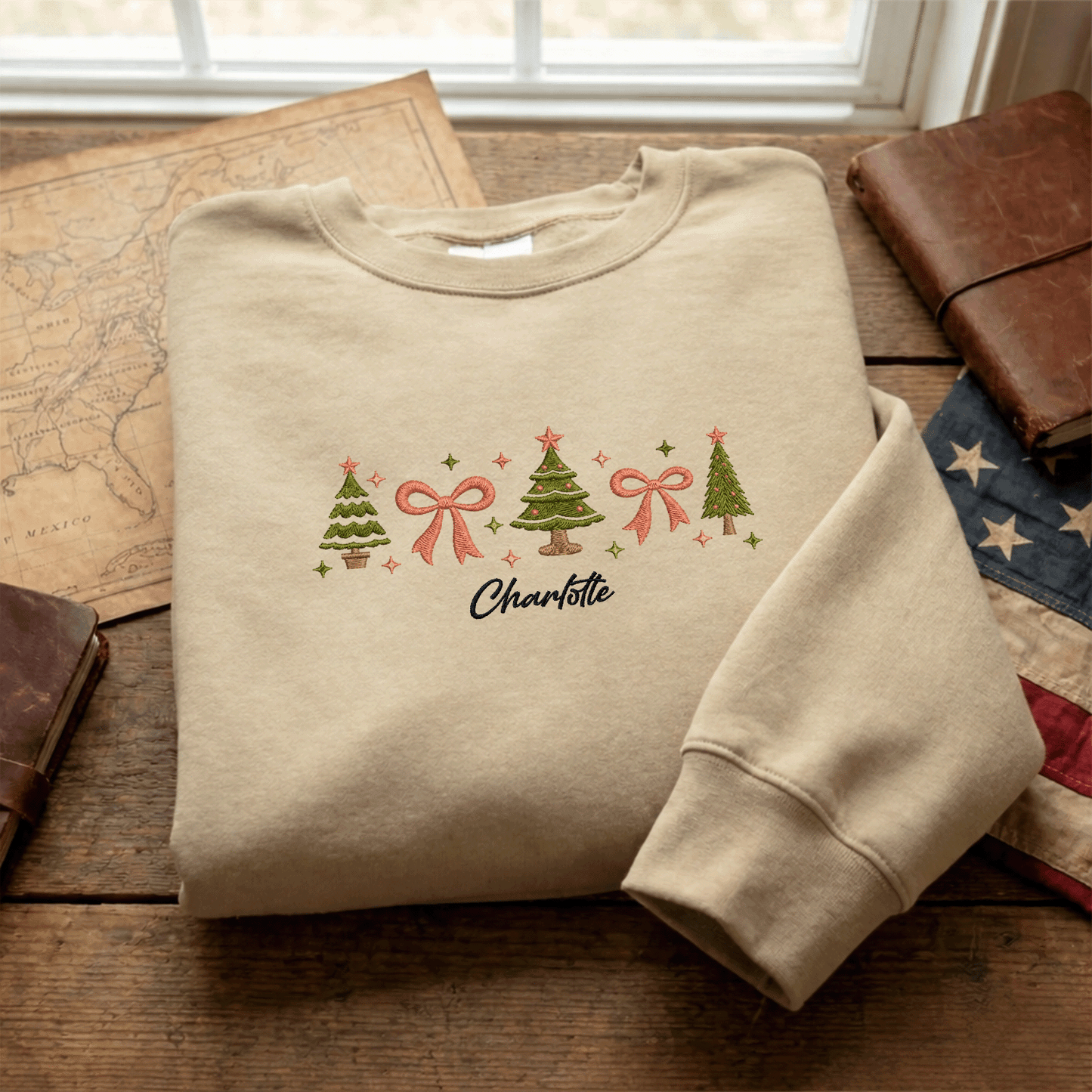 Personalized Embroidered Christmas Trees & Bows Sweatshirt with Custom Name
