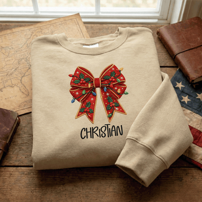 Personalized Embroidered Christmas Bow Sweatshirt with Custom Name