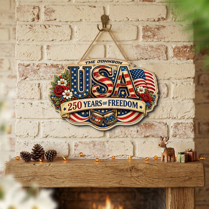 Personalized USA 250 Years of Freedom 2-Layer Wood Sign – Patriotic Floral Letter Door Decor