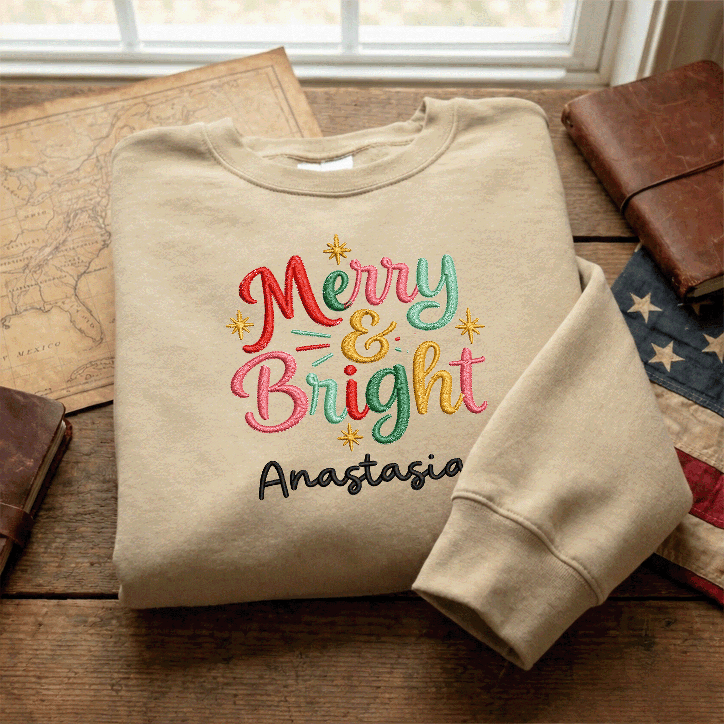 Personalized Embroidered Merry and Bright Sweatshirt with Custom Name