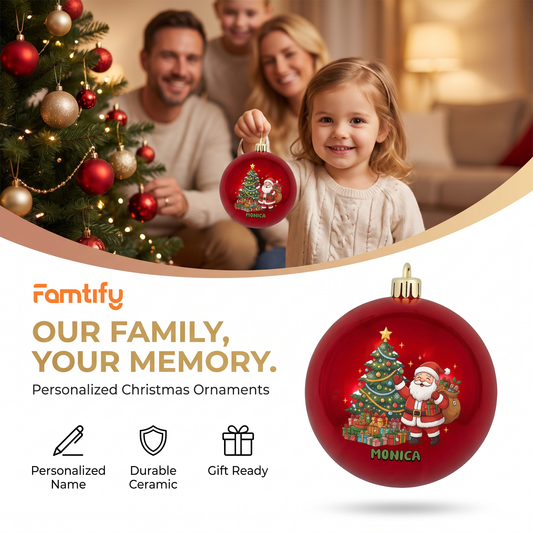 Our Family, Your Memory banner with a girl holding a red Santa and Christmas tree name ornament