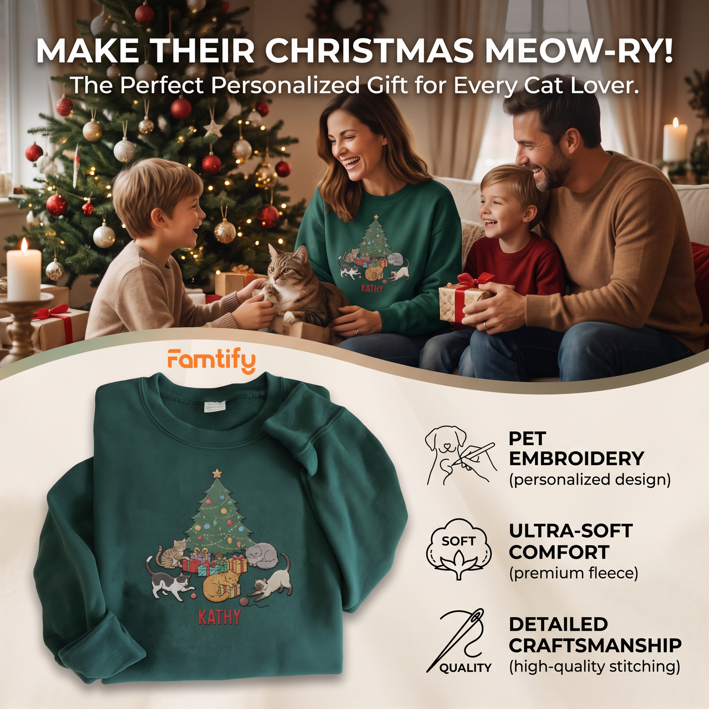 Personalized Christmas Cat Lover Sweatshirt with Custom Name | Cozy Holiday Cats Around Tree Crewneck