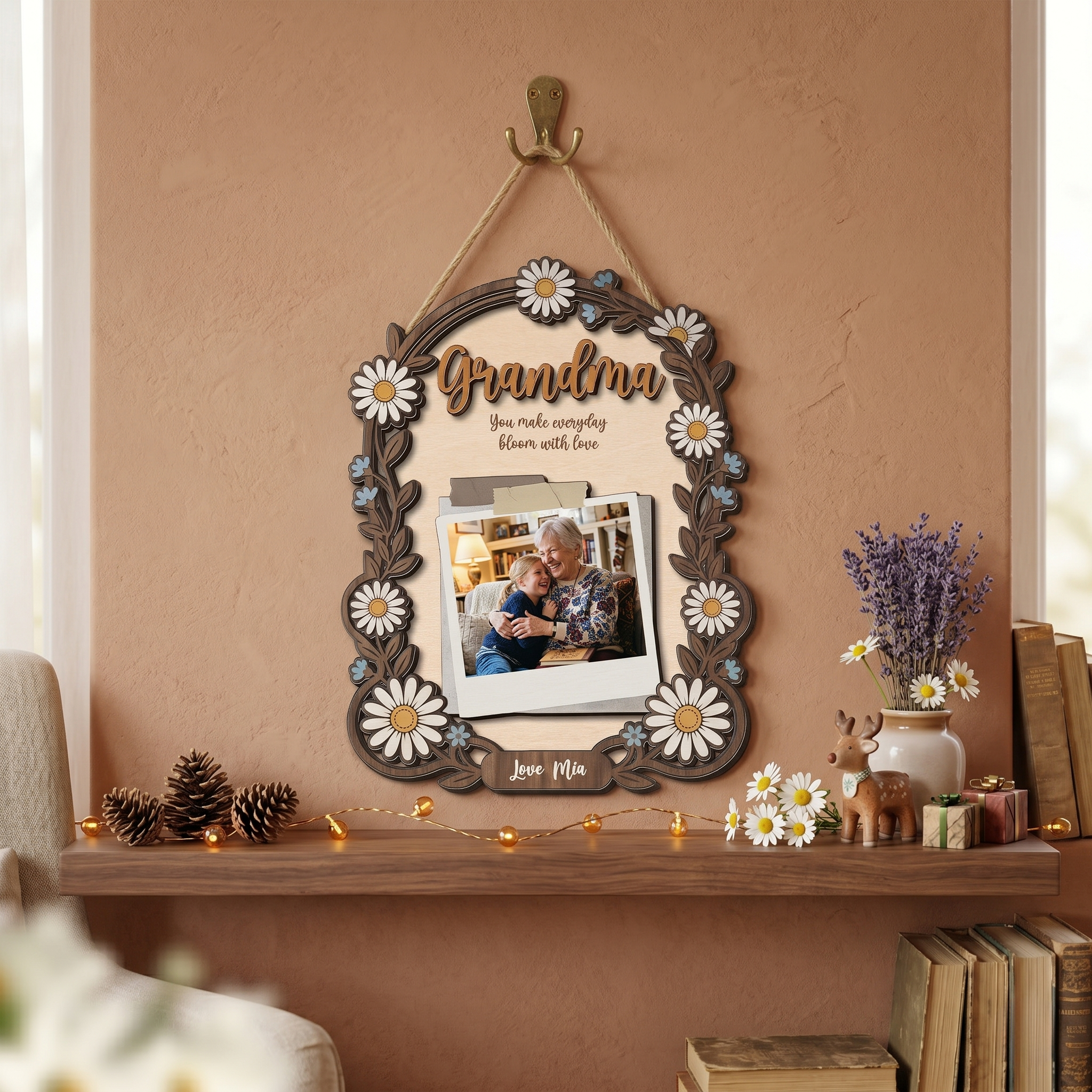 Personalized 2-Layer Wooden Sign with Photo & Year, Mother’s Day Gift for Mom & Grandma, Custom Floral Keepsake Plaque