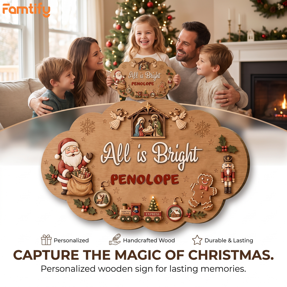 Personalized Nativity & Santa All Is Bright Custom Shape Wood Sign, Custom Family Name Nutcracker Gingerbread Wooden Hanging Plaque, Festive Christmas Door & Wall Decor Family Gift