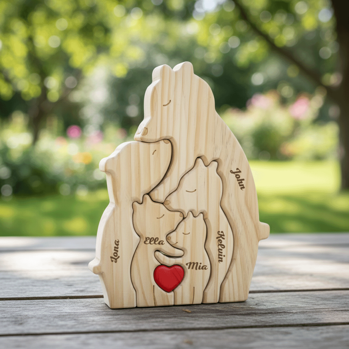 Personalized Wooden Bear Puzzle – Engraved Names for Family Gift