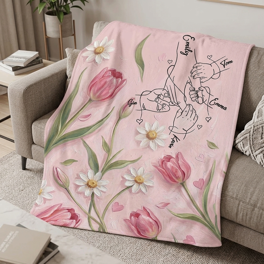 Personalized Mom Blanket with Names – Custom Holding Hands Design Gift for Mother
