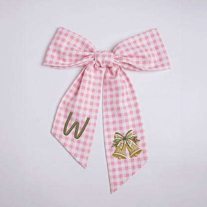 Personalized Monogram Golden Christmas Bells Embroidered Linen Door Wreath Sash, Custom Initial Holiday Wreath Bow Sash Decor, Festive Front Door Home Accessories