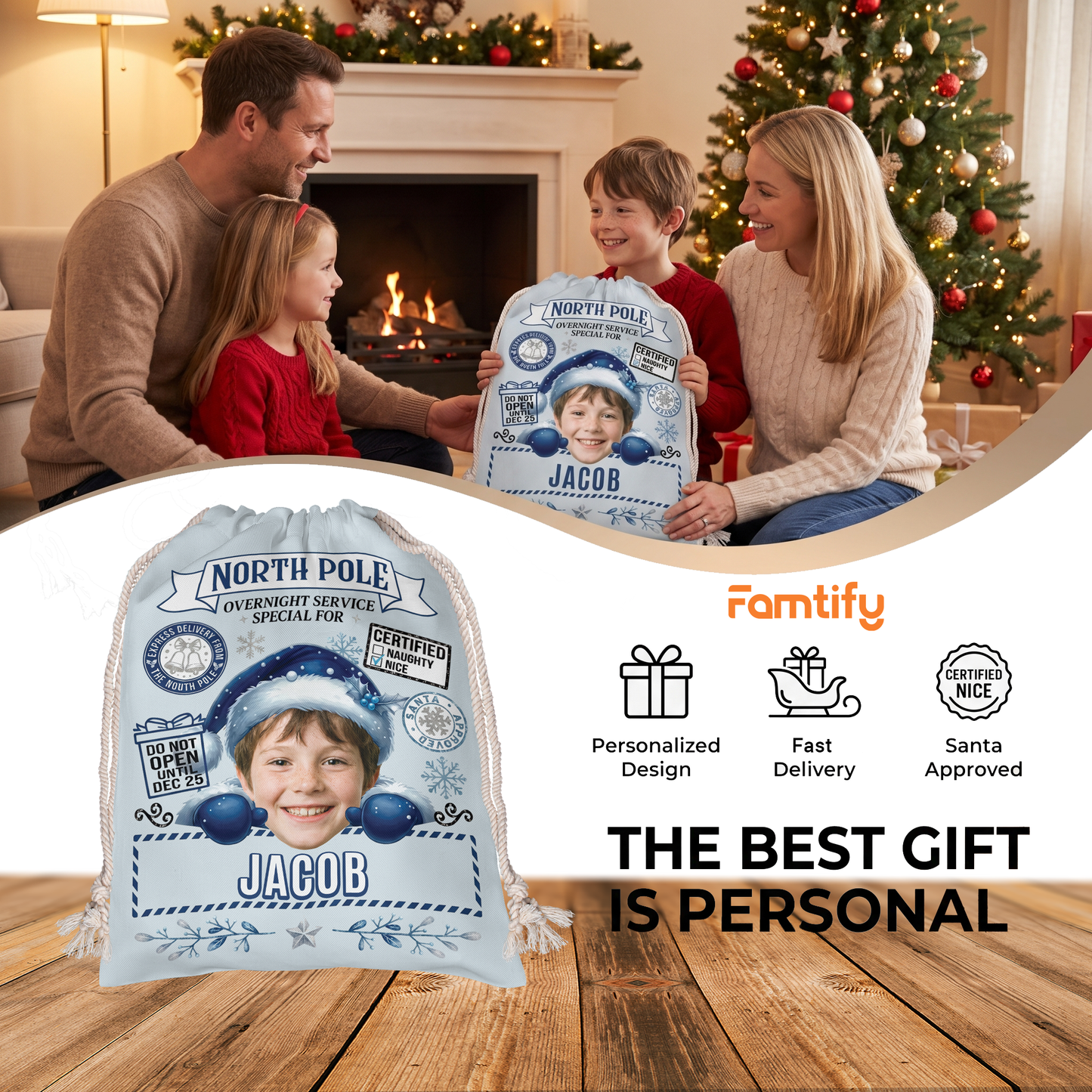 Personalized Overnight Service Special for Christmas Sack, Custom Name Santa Gift Bag