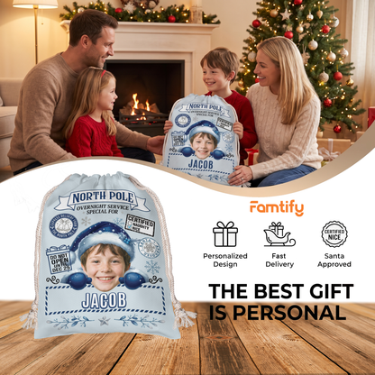 Personalized Overnight Service Special for Christmas Sack, Custom Name Santa Gift Bag