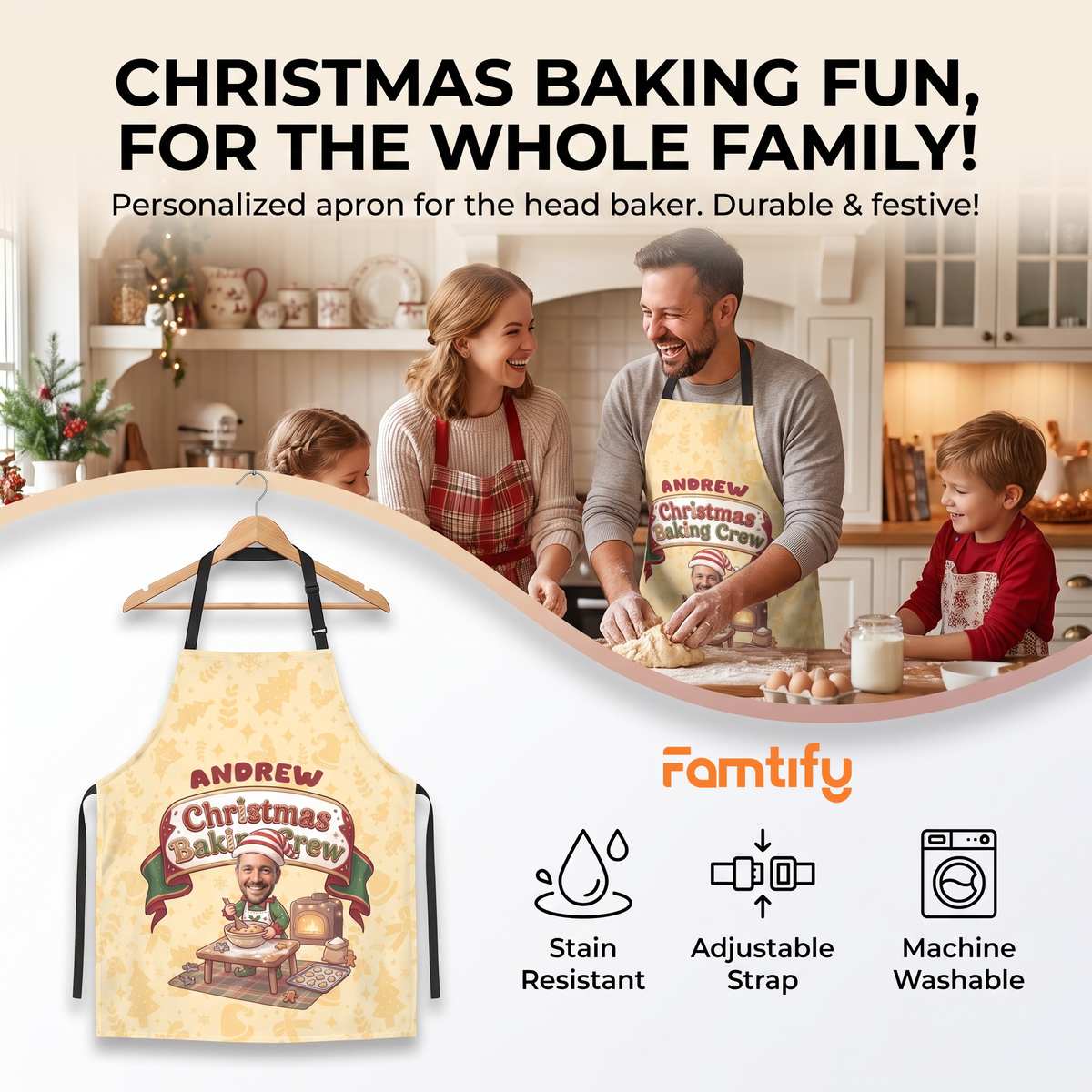 Personalized Christmas Baking Crew Apron with Custom Photo & Name, Yellow Christmas Pattern Apron, Custom Holiday Baking Apron, Christmas Gift for Family