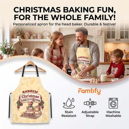 Personalized Christmas Baking Crew Apron with Custom Photo & Name, Yellow Christmas Pattern Apron, Custom Holiday Baking Apron, Christmas Gift for Family