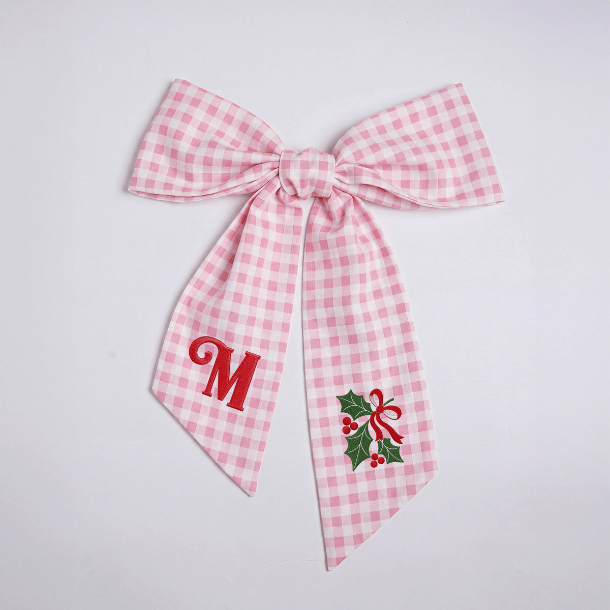 Custom Letter Christmas Holly Berry Embroidered Linen Wreath Sash, Personalized Monogram Holiday Bow Sash for Front Door Decor