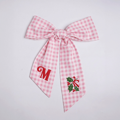 Custom Letter Christmas Holly Berry Embroidered Linen Wreath Sash, Personalized Monogram Holiday Bow Sash for Front Door Decor