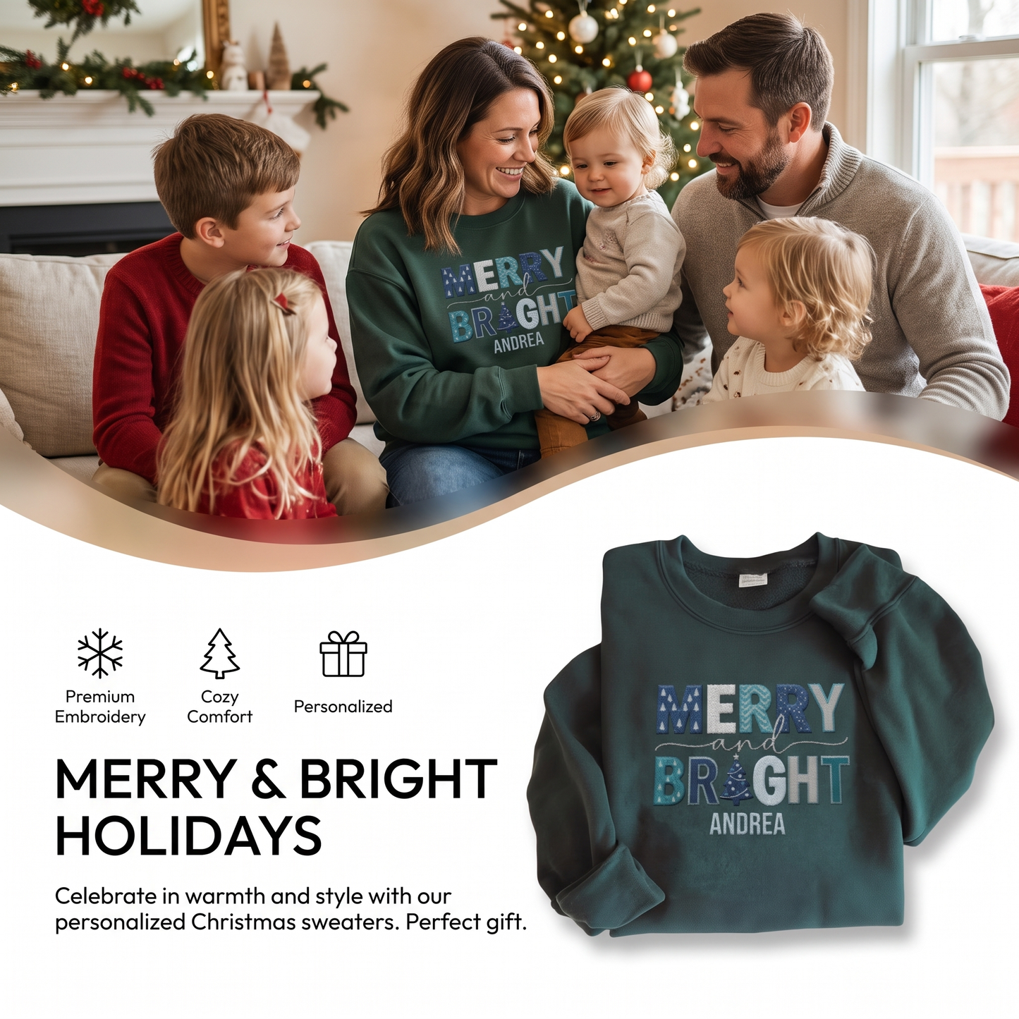 Personalized Merry and Bright Christmas Sweatshirt with Custom Name | Festive Holiday Crewneck Gift