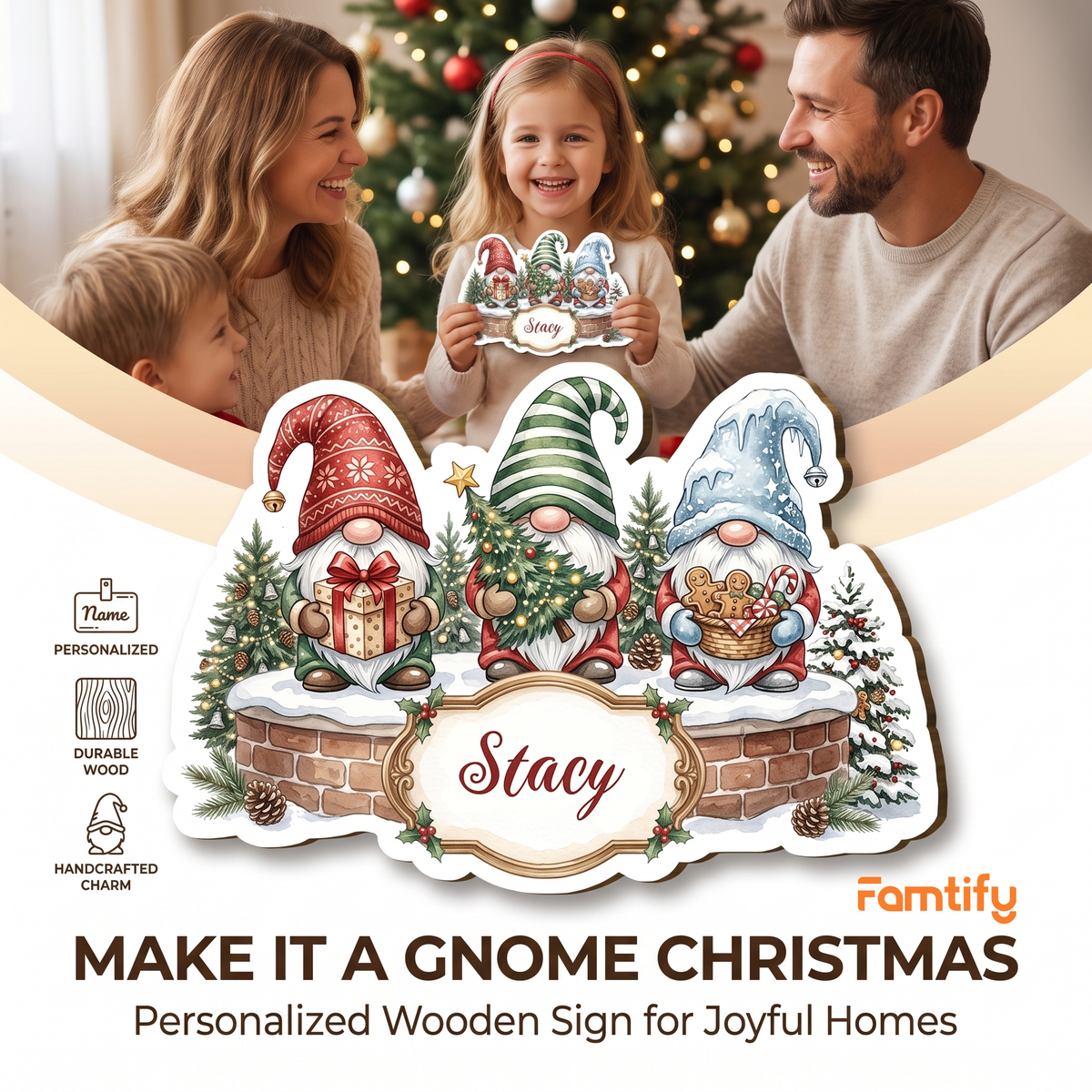 Personalized Christmas Gnomes Custom Shape Wood Sign, Custom Family Name Three Holiday Gnomes Brick Wall Wooden Hanging Plaque, Festive Christmas Door & Wall Decor Family Gift