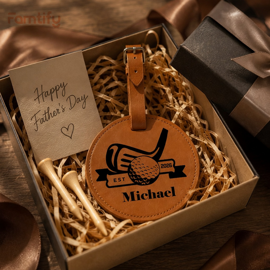 Personalized Leather Golf Bag Tag for Dad - Custom Name Golf Gift