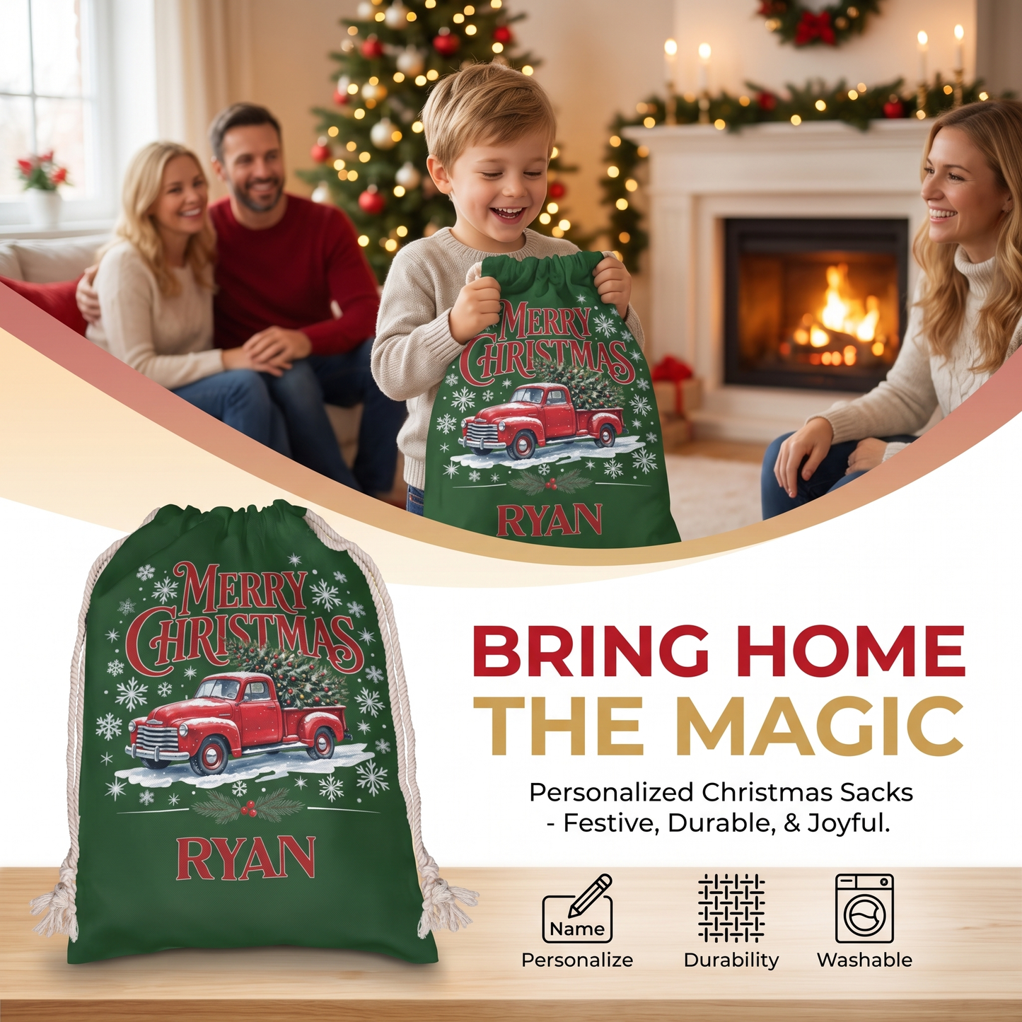 Personalized Merry Christmas Vintage Truck Christmas Sack with Custom Name