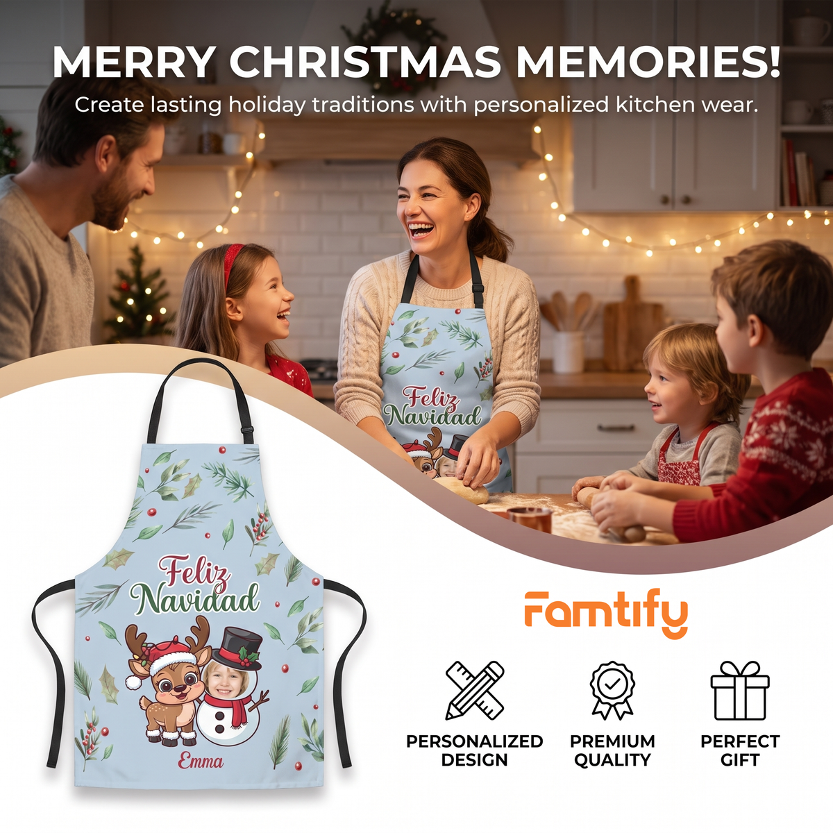 Merry Christmas Memories banner with a family baking and a light blue Feliz Navidad custom apron