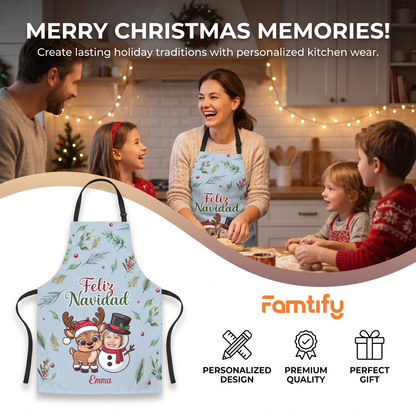 Merry Christmas Memories banner with a family baking and a light blue Feliz Navidad custom apron