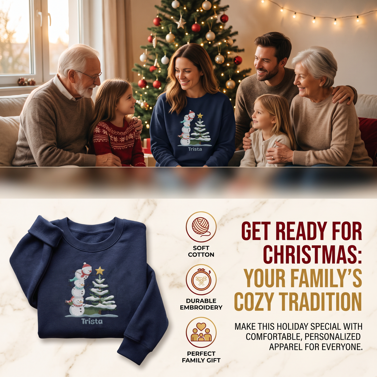 Personalized Snowman & Christmas Tree Embroidered Christmas Sweatshirt