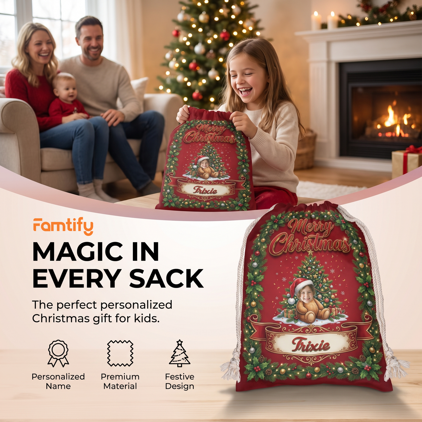 Personalized Teddy Bear Christmas Sack with Custom Photo