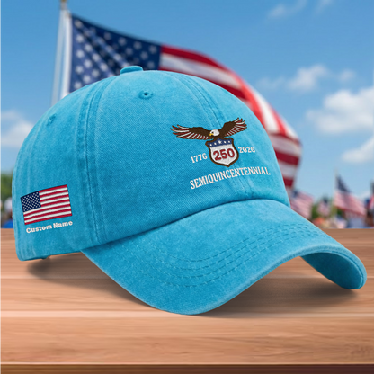 USA 250th Semiquincentennial 1776-2026 Eagle Embroidered Washed Denim Baseball Cap – Custom Name Patriotic Anniversary Hat