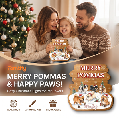 Personalized Merry Pommas Custom Shape Wood Sign, Custom Family Name Pomeranian Dogs Wooden Hanging Plaque, Festive Christmas Door & Wall Decor Pet Lovers Family Gift