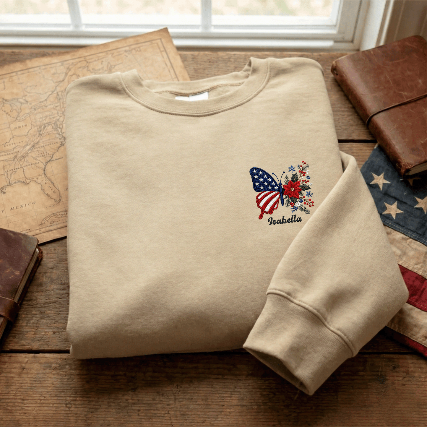 Personalized Patriotic Butterfly Embroidered Sweatshirt | Custom Name Christmas Holiday Crewneck Gift
