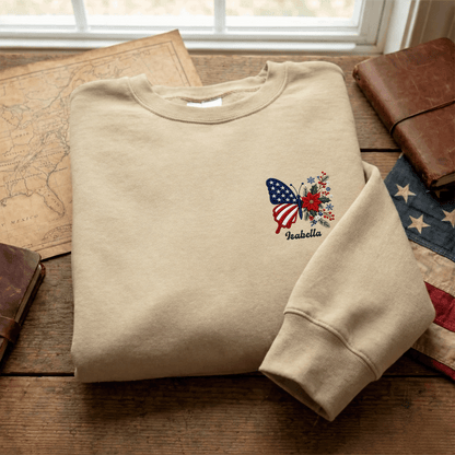 Personalized Patriotic Butterfly Embroidered Sweatshirt | Custom Name Christmas Holiday Crewneck Gift