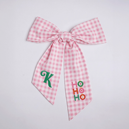 Custom Letter Christmas Ho Ho Ho Embroidered Linen Wreath Sash, Personalized Monogram Festive Ornament Bow Sash for Front Door Decor