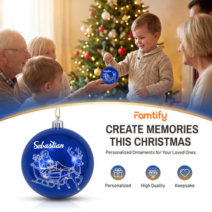 Personalized Name Santa Sleigh Reindeer Blue Christmas Ball Ornament, Custom Line Art Shatterproof Plastic Bauble