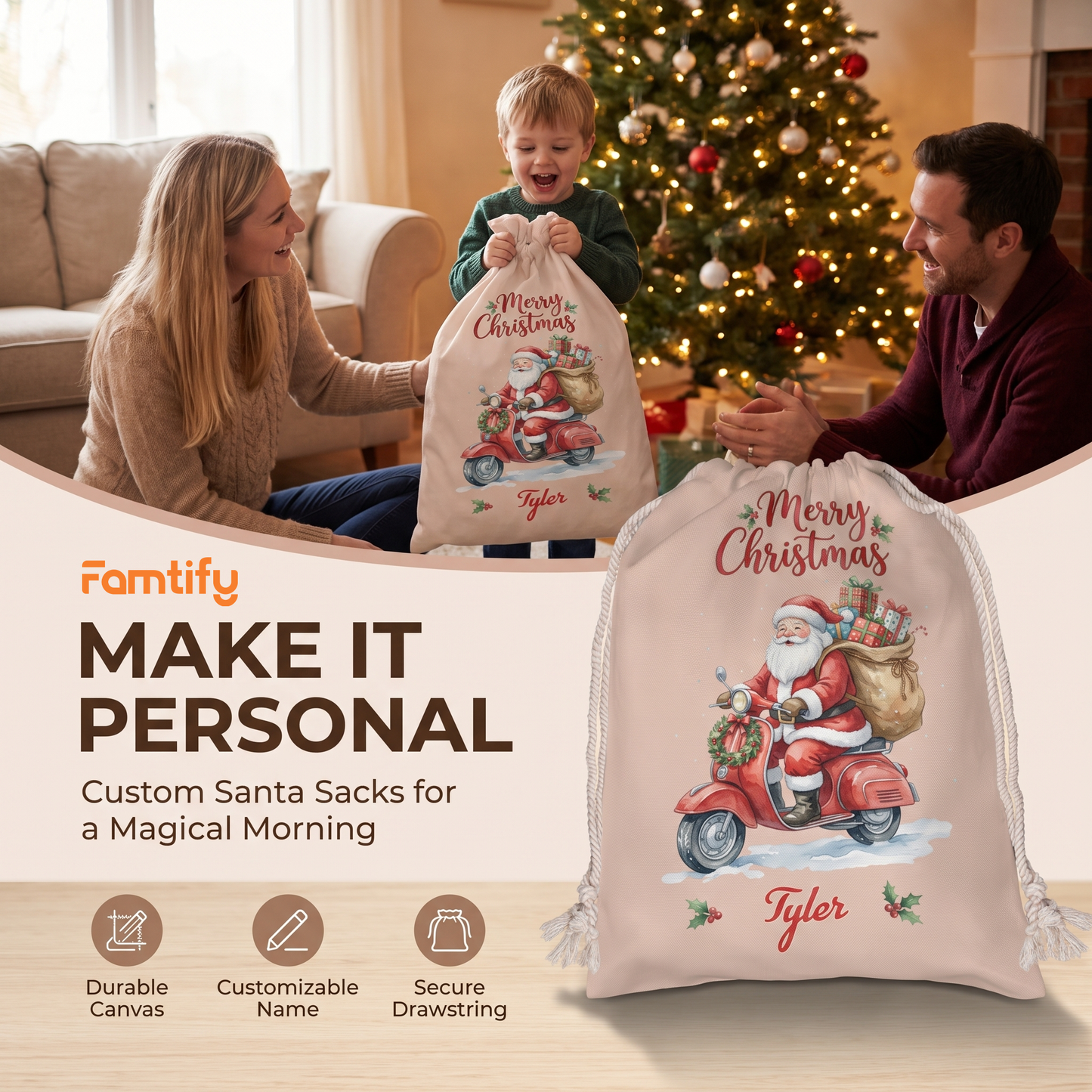 Personalized Cute Santa on Scooter Christmas Sack with Custom Name