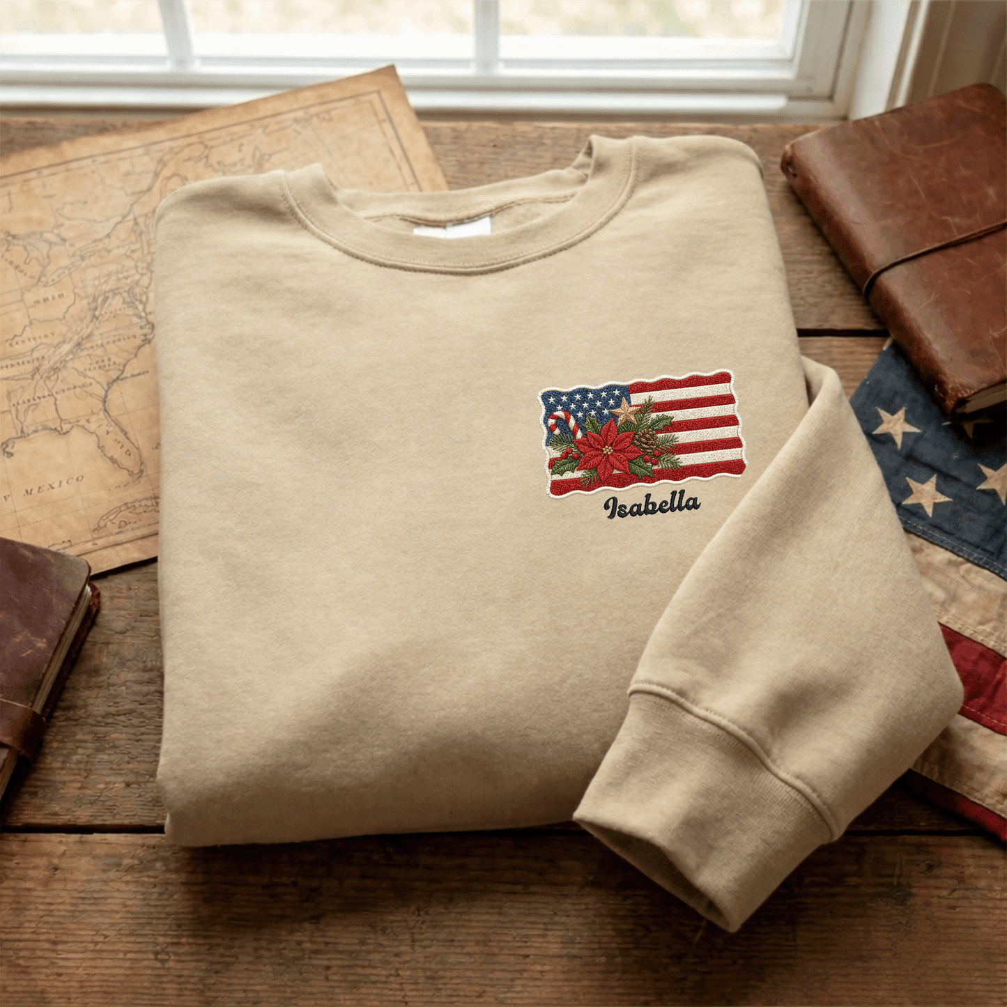Personalized Christmas American Flag Embroidered Sweatshirt | Custom Name Holiday Crewneck Gift