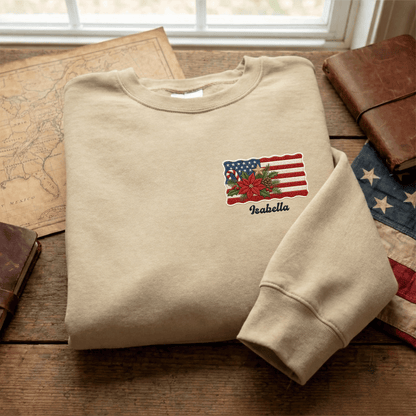 Personalized Christmas American Flag Embroidered Sweatshirt | Custom Name Holiday Crewneck Gift