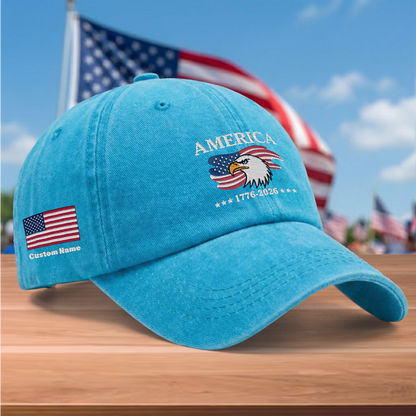America 250 Years 1776-2026 Eagle Embroidered Washed Denim Baseball Cap – Custom Name Patriotic USA Anniversary Hat